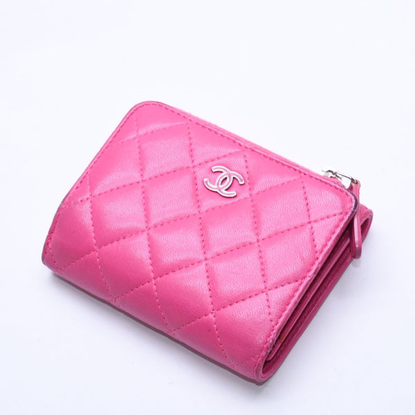 CHANEL シャネル マトラッセ 21番台 コンパクトウォレット 三つ折り財布 ラムスキン ピンク シルバー金具 美品 中古 4a004264