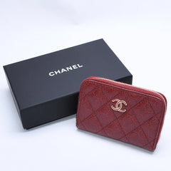 極美品 CHANEL シャネル カメリア型押し マトラッセ ラウンドファスナー コインケース 26番台 カーフスキン キルティング ココマーク ボルドー ゴールド金具 中古 4a004263