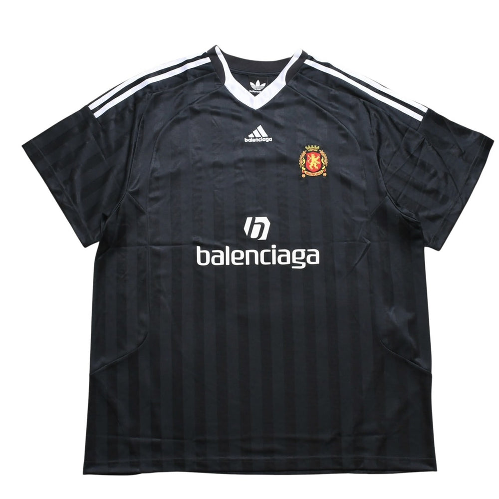 極美品 BALENCIAGA バレンシアガ × アディダス オーバーサイズ サッカー ゲームシャツ 723663 TNV13 ユニフォーム シャドーストライプ エンブレム ブラック ホワイト 3サイズ 中古 4a004340
