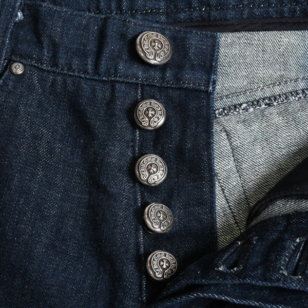 Very Good Condition CHROME HEARTS Pants Cross Ball Concho Button Scroll Label Plate Silver 925 29R Size Indigo Blue Used 4a004374