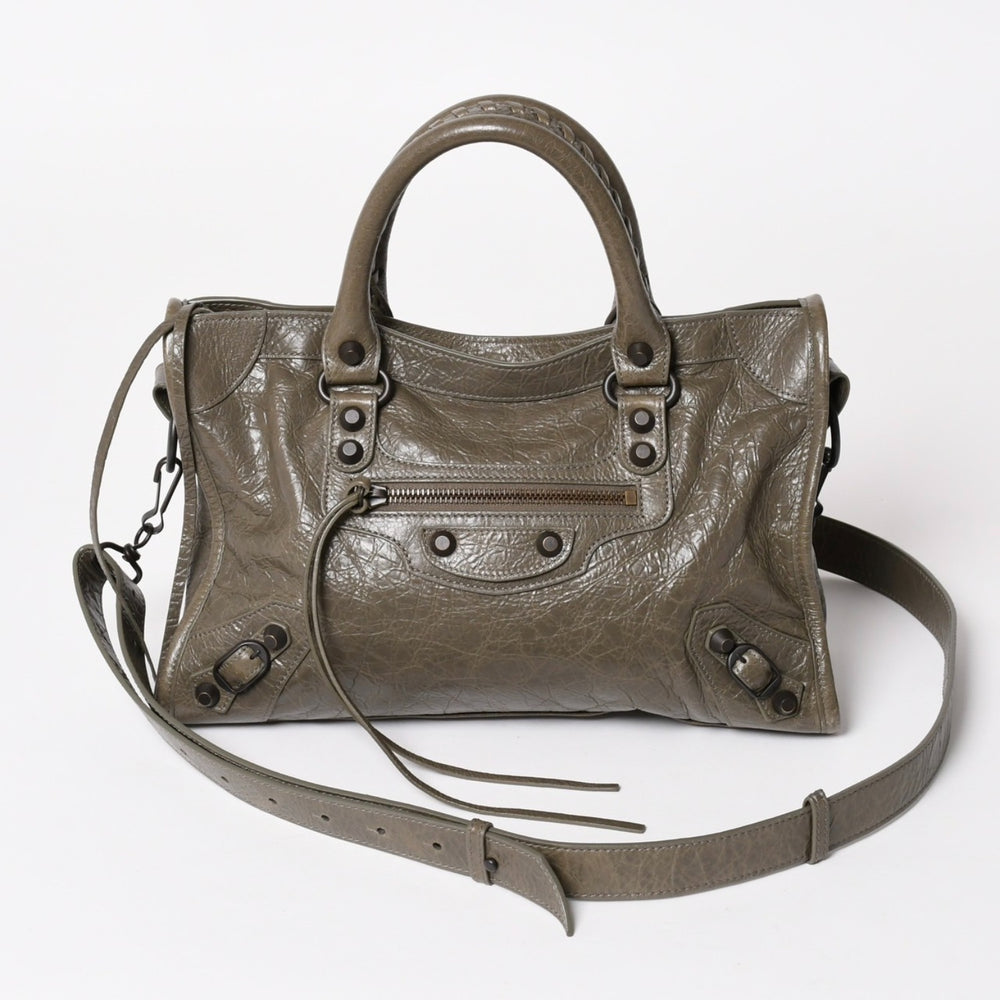 BALENCIAGA バレンシアガ ル シティ スモール ハンドバッグ 811442 ショルダーバッグ カーキ スタッズ ブロンズ金具 108 5240 美品 中古 4a004345