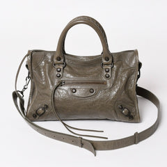 BALENCIAGA バレンシアガ ル シティ スモール ハンドバッグ 811442 ショルダーバッグ カーキ スタッズ ブロンズ金具 108 5240 美品 中古 4a004345