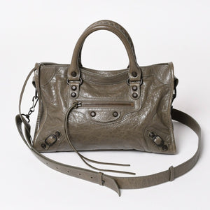 BALENCIAGA バレンシアガ ル シティ スモール ハンドバッグ 811442 ショルダーバッグ カーキ スタッズ ブロンズ金具 108 5240 美品 中古 4a004345