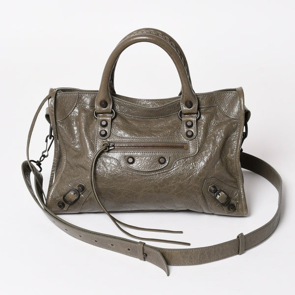 BALENCIAGA バレンシアガ ル シティ スモール ハンドバッグ 811442 ショルダーバッグ カーキ スタッズ ブロンズ金具 108 5240 美品 中古 4a004345