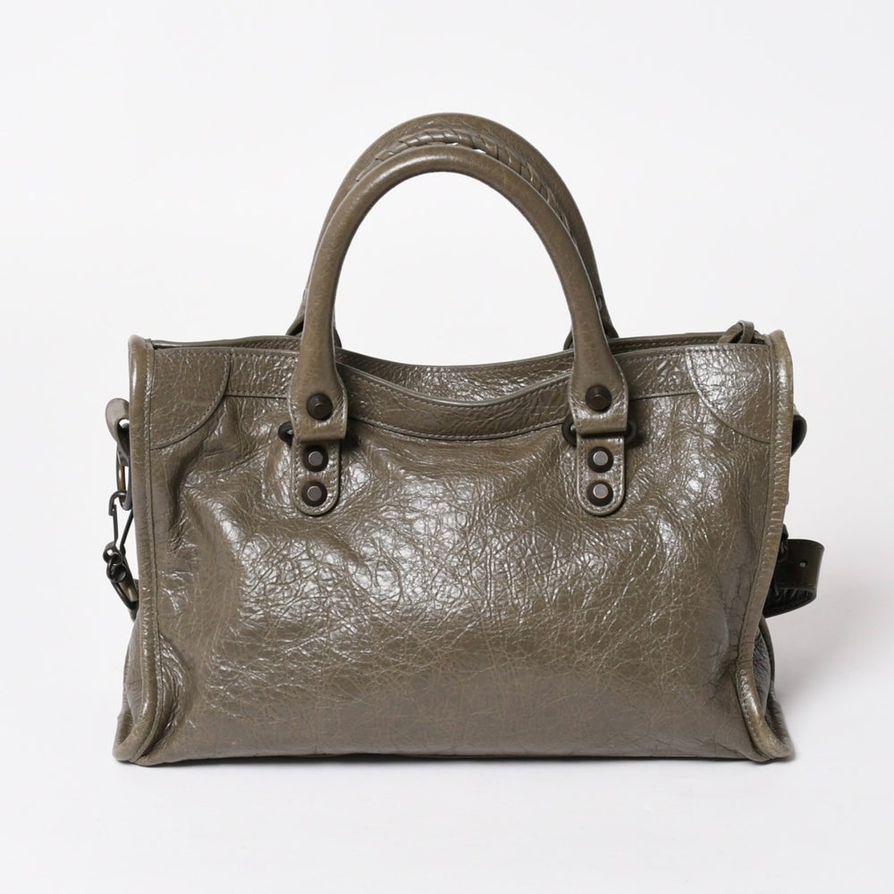 BALENCIAGA バレンシアガ ル シティ スモール ハンドバッグ 811442 ショルダーバッグ カーキ スタッズ ブロンズ金具 108 5240 美品 中古 4a004345