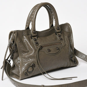 BALENCIAGA バレンシアガ ル シティ スモール ハンドバッグ 811442 ショルダーバッグ カーキ スタッズ ブロンズ金具 108 5240 美品 中古 4a004345