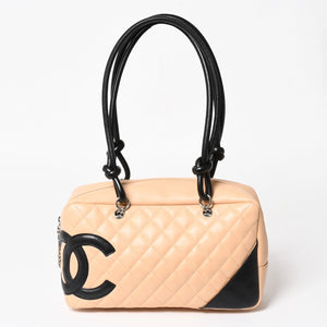 極美品 CHANEL シャネル カンボンライン ボーリングバッグ ハンドバッグ A25171 ラムスキン 10番台 ベージュ ブラック ココマーク シルバー金具 中古 4a004384