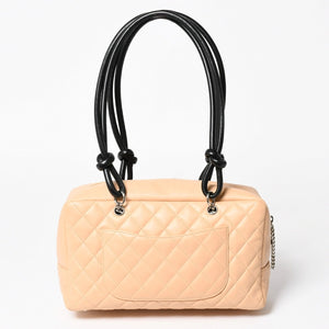 極美品 CHANEL シャネル カンボンライン ボーリングバッグ ハンドバッグ A25171 ラムスキン 10番台 ベージュ ブラック ココマーク シルバー金具 中古 4a004384