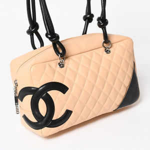 極美品 CHANEL シャネル カンボンライン ボーリングバッグ ハンドバッグ A25171 ラムスキン 10番台 ベージュ ブラック ココマーク シルバー金具 中古 4a004384