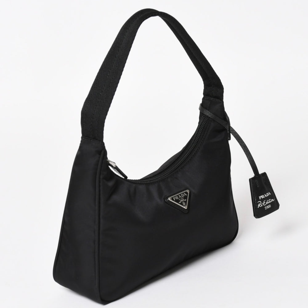 極美品 PRADA プラダ ホーボー ハンドバッグ MV515 トライアングルロゴ 三角ロゴプレート ナイロン ブラック 中古 4a004353