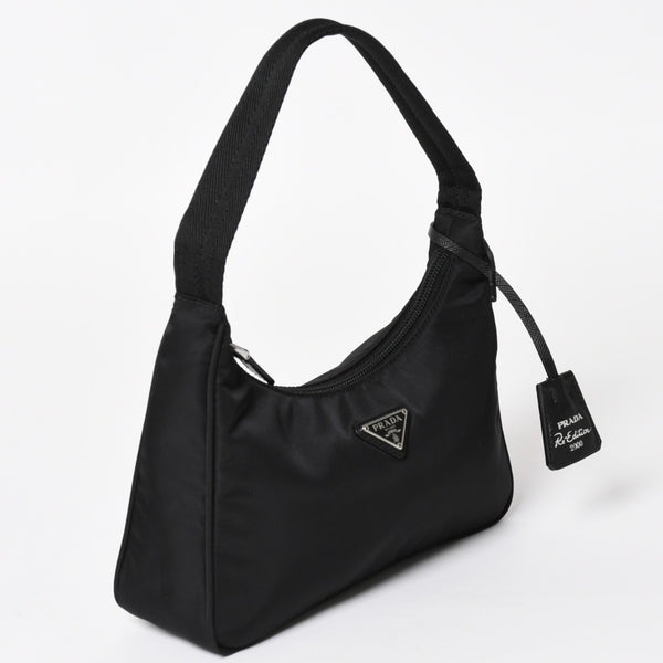 極美品 PRADA プラダ ホーボー ハンドバッグ MV515 トライアングルロゴ 三角ロゴプレート ナイロン ブラック 中古 4a004353
