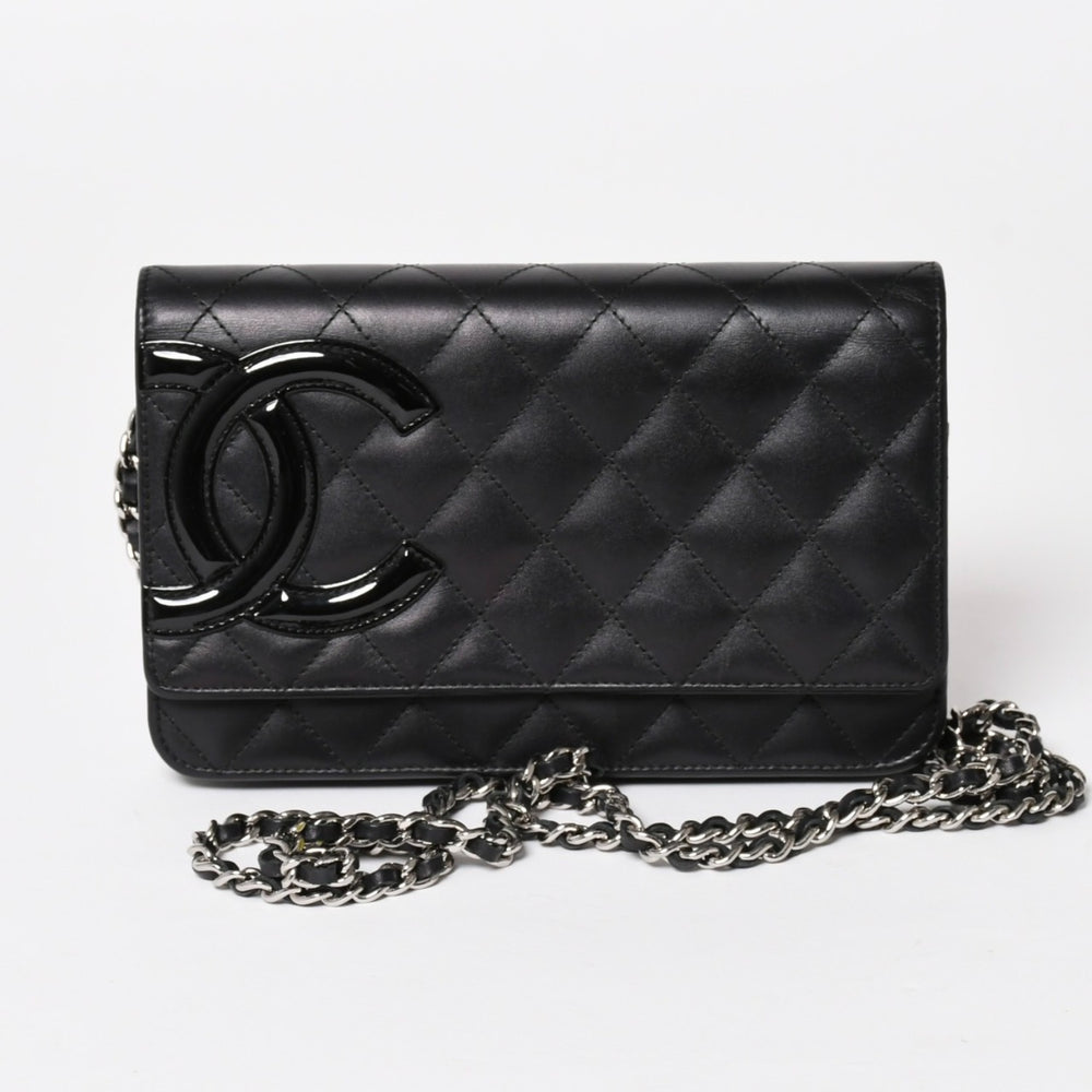 CHANEL シャネル カンボンライン チェーンウォレット A46646 マトラッセ 18番台 ラムスキン ココマーク エナメル ブラック ピンク 美品 中古 4a004344