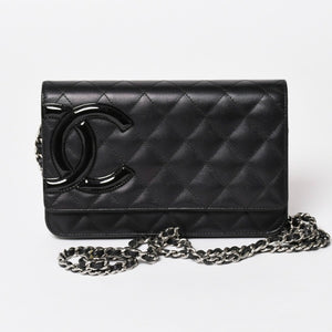 CHANEL シャネル カンボンライン チェーンウォレット A46646 マトラッセ 18番台 ラムスキン ココマーク エナメル ブラック ピンク 美品 中古 4a004344