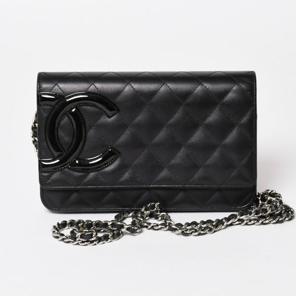 CHANEL シャネル カンボンライン チェーンウォレット A46646 マトラッセ 18番台 ラムスキン ココマーク エナメル ブラック ピンク 美品 中古 4a004344