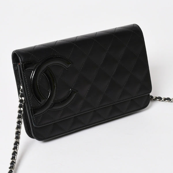 CHANEL シャネル カンボンライン チェーンウォレット A46646 マトラッセ 18番台 ラムスキン ココマーク エナメル ブラック ピンク 美品 中古 4a004344