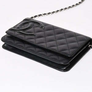 CHANEL シャネル カンボンライン チェーンウォレット A46646 マトラッセ 18番台 ラムスキン ココマーク エナメル ブラック ピンク 美品 中古 4a004344