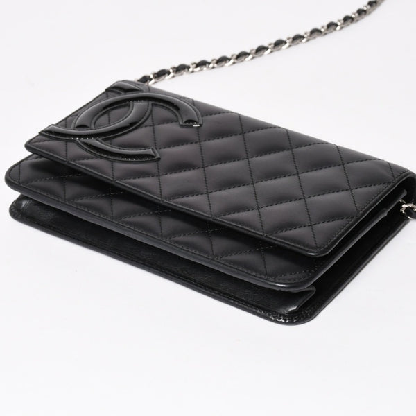 CHANEL シャネル カンボンライン チェーンウォレット A46646 マトラッセ 18番台 ラムスキン ココマーク エナメル ブラック ピンク 美品 中古 4a004344