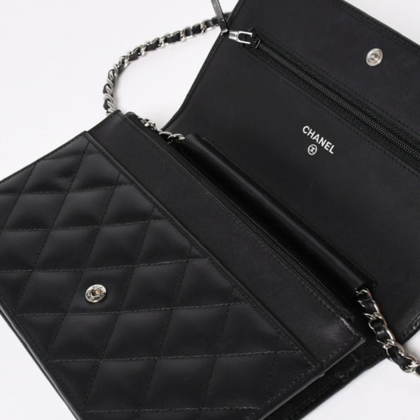 CHANEL シャネル カンボンライン チェーンウォレット A46646 マトラッセ 18番台 ラムスキン ココマーク エナメル ブラック ピンク 美品 中古 4a004344