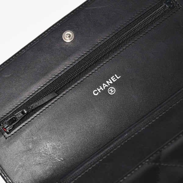CHANEL シャネル カンボンライン チェーンウォレット A46646 マトラッセ 18番台 ラムスキン ココマーク エナメル ブラック ピンク 美品 中古 4a004344