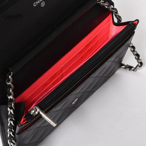 CHANEL シャネル カンボンライン チェーンウォレット A46646 マトラッセ 18番台 ラムスキン ココマーク エナメル ブラック ピンク 美品 中古 4a004344