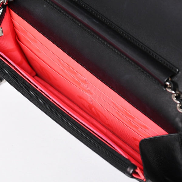 CHANEL シャネル カンボンライン チェーンウォレット A46646 マトラッセ 18番台 ラムスキン ココマーク エナメル ブラック ピンク 美品 中古 4a004344
