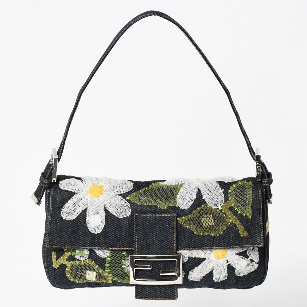 FENDI フェンディ マンマバケット デニム ワンショルダーバッグ フラワーレース刺繍 26424 インディゴブルー ハンドバッグ シルバー金具 美品 中古 4a004357