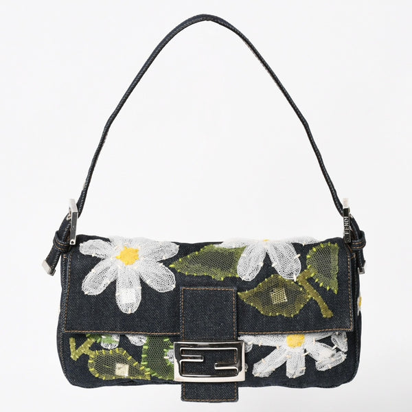 FENDI フェンディ マンマバケット デニム ワンショルダーバッグ フラワーレース刺繍 26424 インディゴブルー ハンドバッグ シルバー金具 美品 中古 4a004357