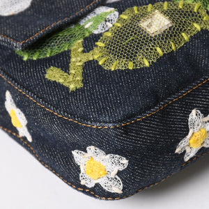 FENDI フェンディ マンマバケット デニム ワンショルダーバッグ フラワーレース刺繍 26424 インディゴブルー ハンドバッグ シルバー金具 美品 中古 4a004357