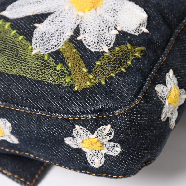 FENDI フェンディ マンマバケット デニム ワンショルダーバッグ フラワーレース刺繍 26424 インディゴブルー ハンドバッグ シルバー金具 美品 中古 4a004357