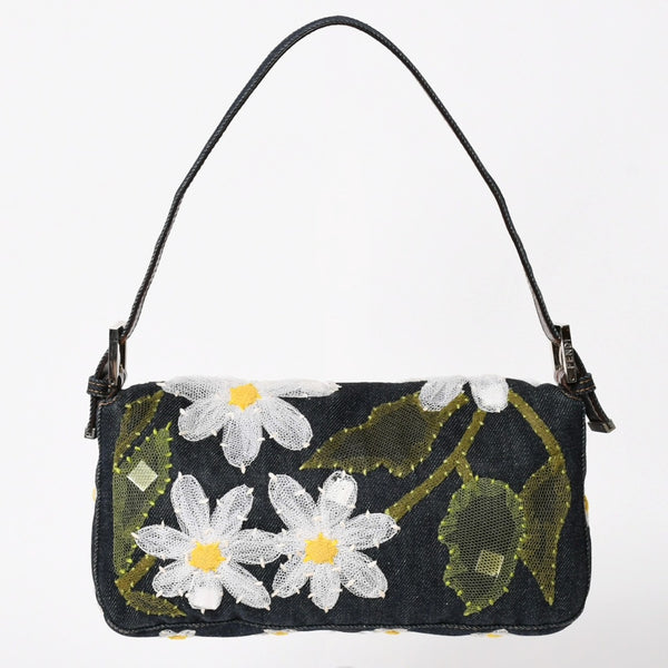 FENDI フェンディ マンマバケット デニム ワンショルダーバッグ フラワーレース刺繍 26424 インディゴブルー ハンドバッグ シルバー金具 美品 中古 4a004357