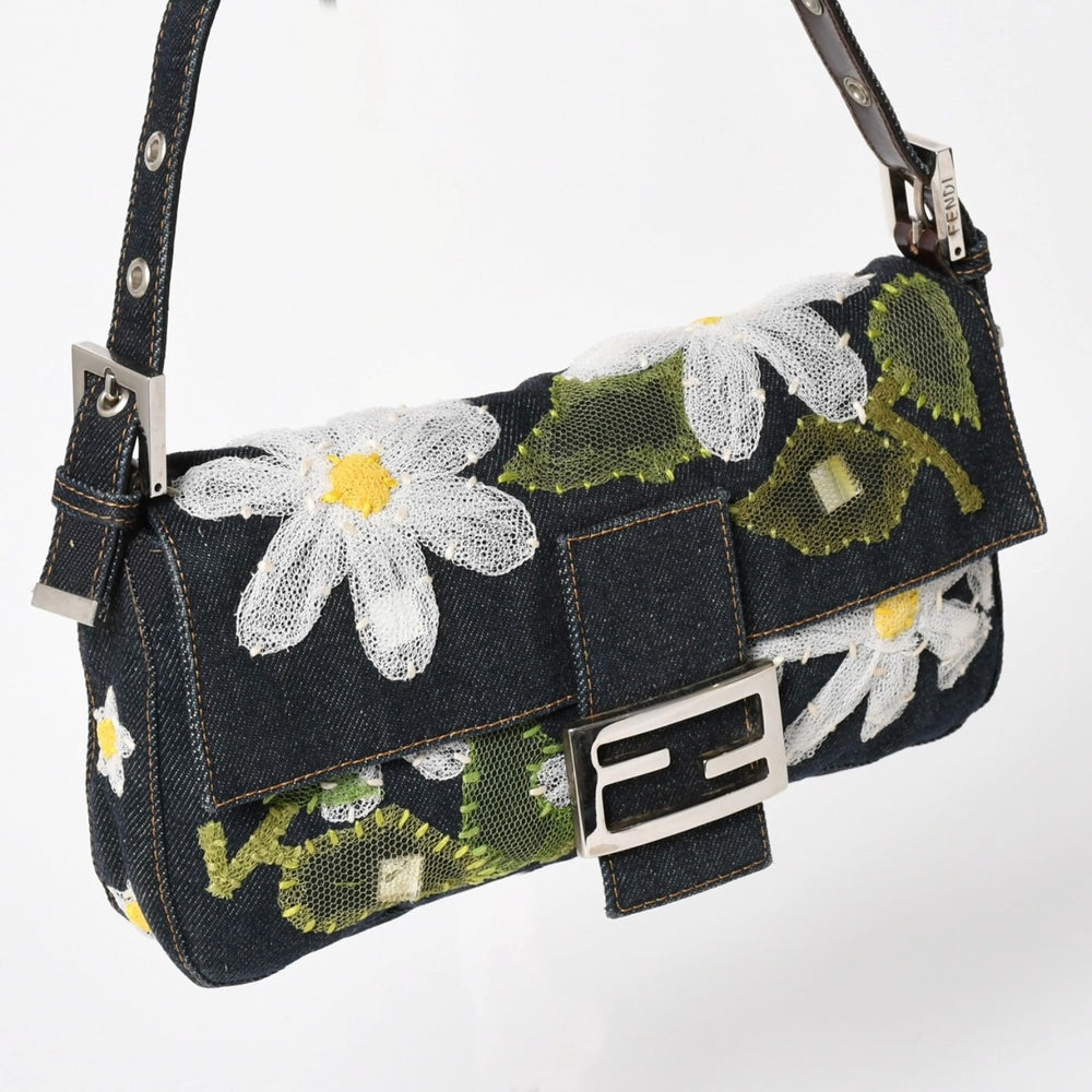 FENDI Mamma Bucket Denim One Shoulder Bag Flower Lace Embroidery 26424 Indigo Blue Handbag Silver Hardware Good Condition Used 4a004357