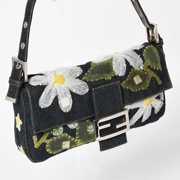FENDI フェンディ マンマバケット デニム ワンショルダーバッグ フラワーレース刺繍 26424 インディゴブルー ハンドバッグ シルバー金具 美品 中古 4a004357