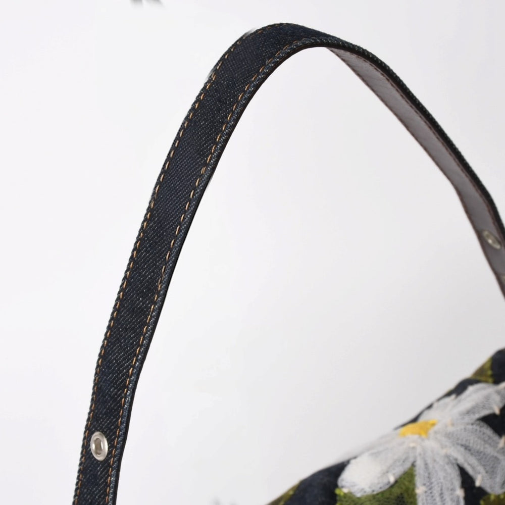 FENDI Mamma Bucket Denim One Shoulder Bag Flower Lace Embroidery 26424 Indigo Blue Handbag Silver Hardware Good Condition Used 4a004357