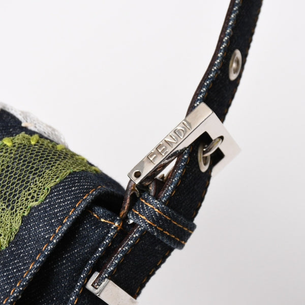 FENDI フェンディ マンマバケット デニム ワンショルダーバッグ フラワーレース刺繍 26424 インディゴブルー ハンドバッグ シルバー金具 美品 中古 4a004357