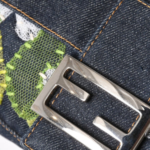 FENDI フェンディ マンマバケット デニム ワンショルダーバッグ フラワーレース刺繍 26424 インディゴブルー ハンドバッグ シルバー金具 美品 中古 4a004357