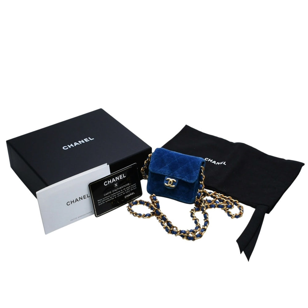 極美品 CHANEL シャネル マイクロ マトラッセ チェーンショルダーバッグ 1番台 ココマーク ベロア レザー ブルー 中古 4a002798