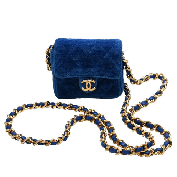 極美品 CHANEL シャネル マイクロ マトラッセ チェーンショルダーバッグ 1番台 ココマーク ベロア レザー ブルー 中古 4a002798