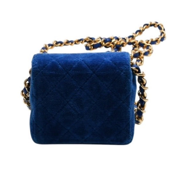 極美品 CHANEL シャネル マイクロ マトラッセ チェーンショルダーバッグ 1番台 ココマーク ベロア レザー ブルー 中古 4a002798