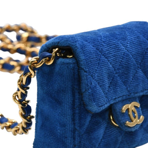 極美品 CHANEL シャネル マイクロ マトラッセ チェーンショルダーバッグ 1番台 ココマーク ベロア レザー ブルー 中古 4a002798