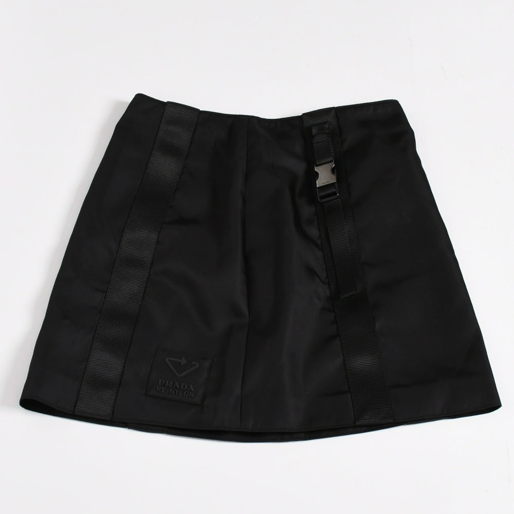 PRADA プラダ Re-Nylonトライアングルロゴ スカート 21H875 ストライプ メタルバックル 36Sサイズ ブラック シルバー金具 美品 中古 4a004299