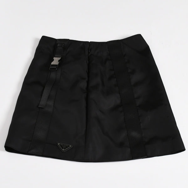 PRADA プラダ Re-Nylonトライアングルロゴ スカート 21H875 ストライプ メタルバックル 36Sサイズ ブラック シルバー金具 美品 中古 4a004299