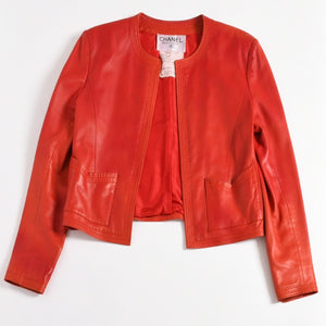 CHANEL シャネル VINTAGE ヴィンテージ ノーカラージャケット 31822 サイズ38 ココマーク レザー シルク レッド 美品 中古 4a004462