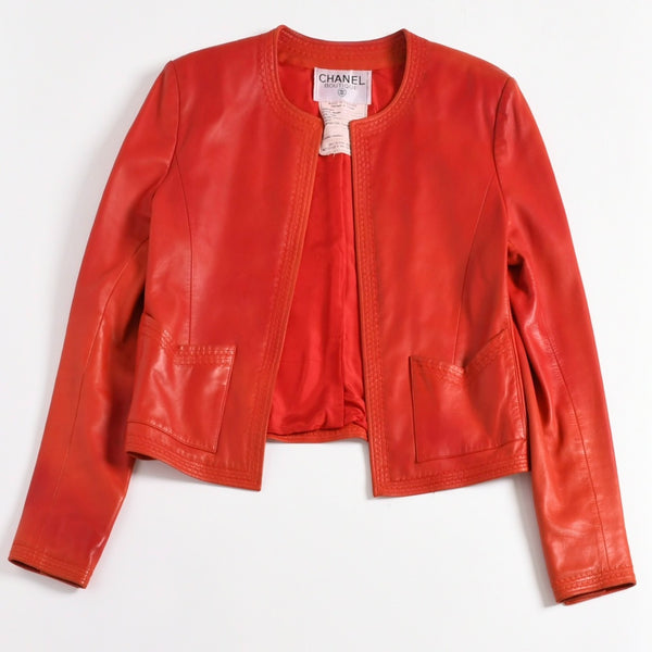 CHANEL シャネル VINTAGE ヴィンテージ ノーカラージャケット 31822 サイズ38 ココマーク レザー シルク レッド 美品 中古 4a004462
