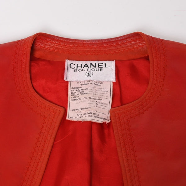CHANEL シャネル VINTAGE ヴィンテージ ノーカラージャケット 31822 サイズ38 ココマーク レザー シルク レッド 美品 中古 4a004462