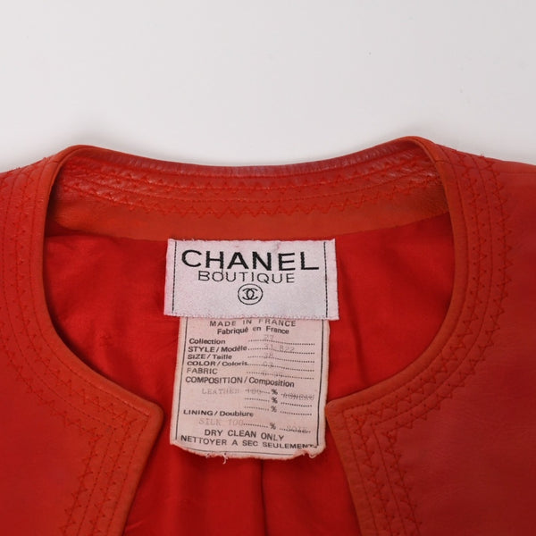 CHANEL シャネル VINTAGE ヴィンテージ ノーカラージャケット 31822 サイズ38 ココマーク レザー シルク レッド 美品 中古 4a004462