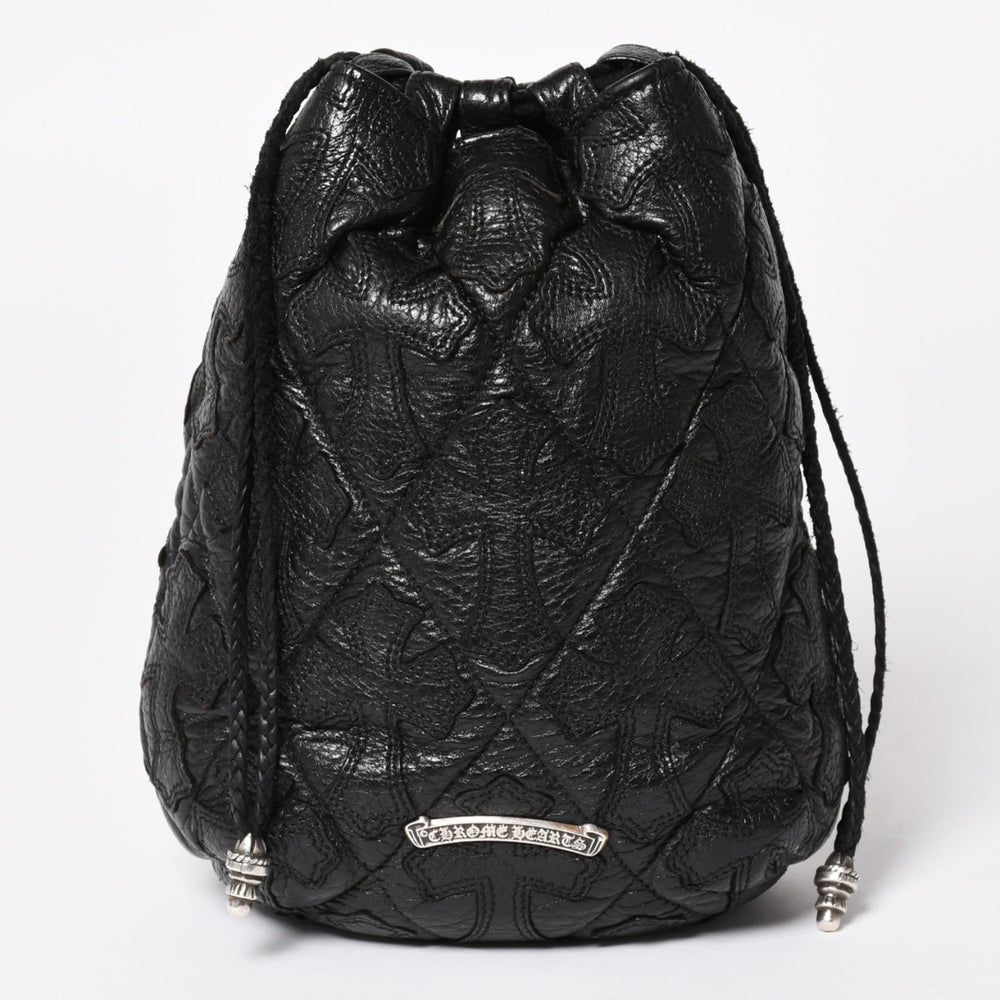 極美品 CHROME HEARTS クロムハーツ DRW STRNG SACK CRS PATCH ドローストリング サック 巾着 38パッチ レザー シルバー925 中古 4a004437