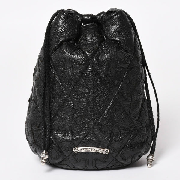 極美品 CHROME HEARTS クロムハーツ DRW STRNG SACK CRS PATCH ドローストリング サック 巾着 38パッチ レザー シルバー925 中古 4a004437