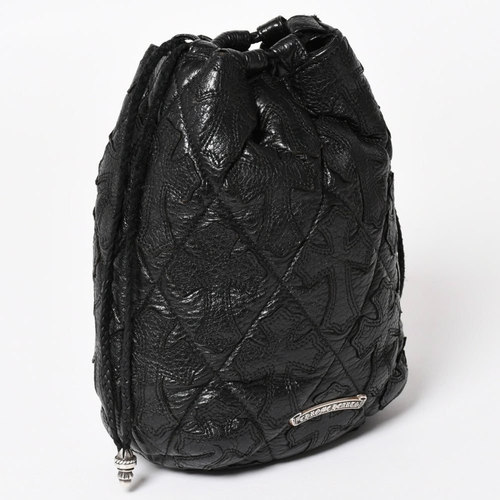 極美品 CHROME HEARTS クロムハーツ DRW STRNG SACK CRS PATCH ドローストリング サック 巾着 38パッチ レザー シルバー925 中古 4a004437