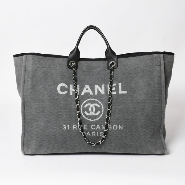 新品同様 CHANEL シャネル Deauville TGM ドーヴィルTGM 2WAYバッグ 16番台 ココマーク キャンバス レザー グレー 中古 4a004385