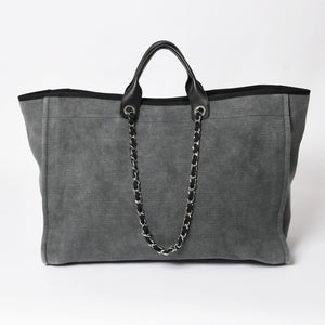 新品同様 CHANEL シャネル Deauville TGM ドーヴィルTGM 2WAYバッグ 16番台 ココマーク キャンバス レザー グレー 中古 4a004385